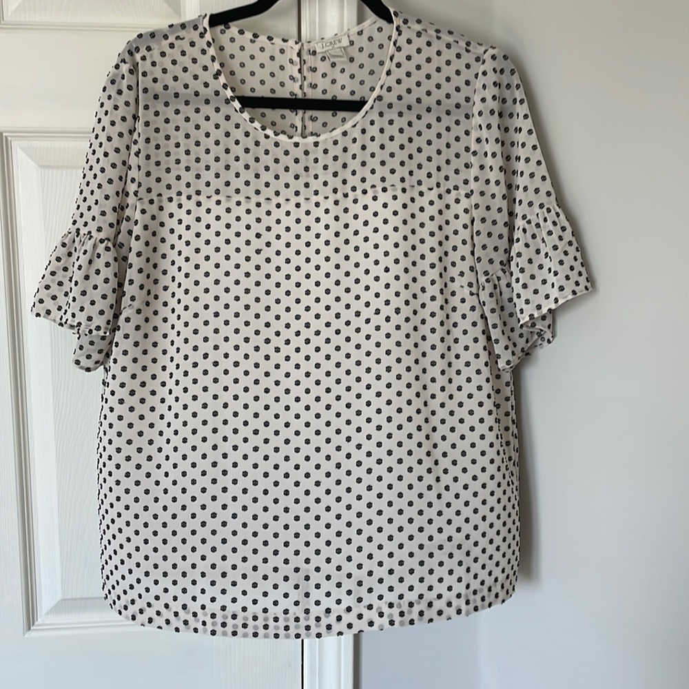 J Crew Factory flutter sleeve blouse. White with black polka dots. Sz L